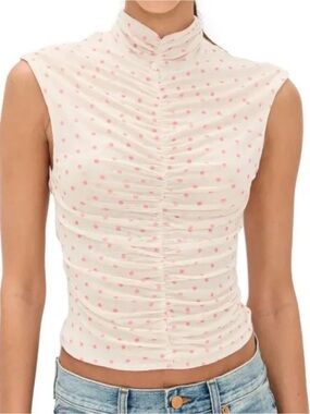 Sleeveless Cream Polka Dot Ruched Mock Neck Top - Women's